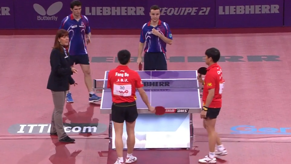 WTTC 2013 Paris (FRA) – MD Round 2: Chen Qi/Fang Bo (CHN) – Emmanuel Lebesson/Simon Gauzy (FRA)